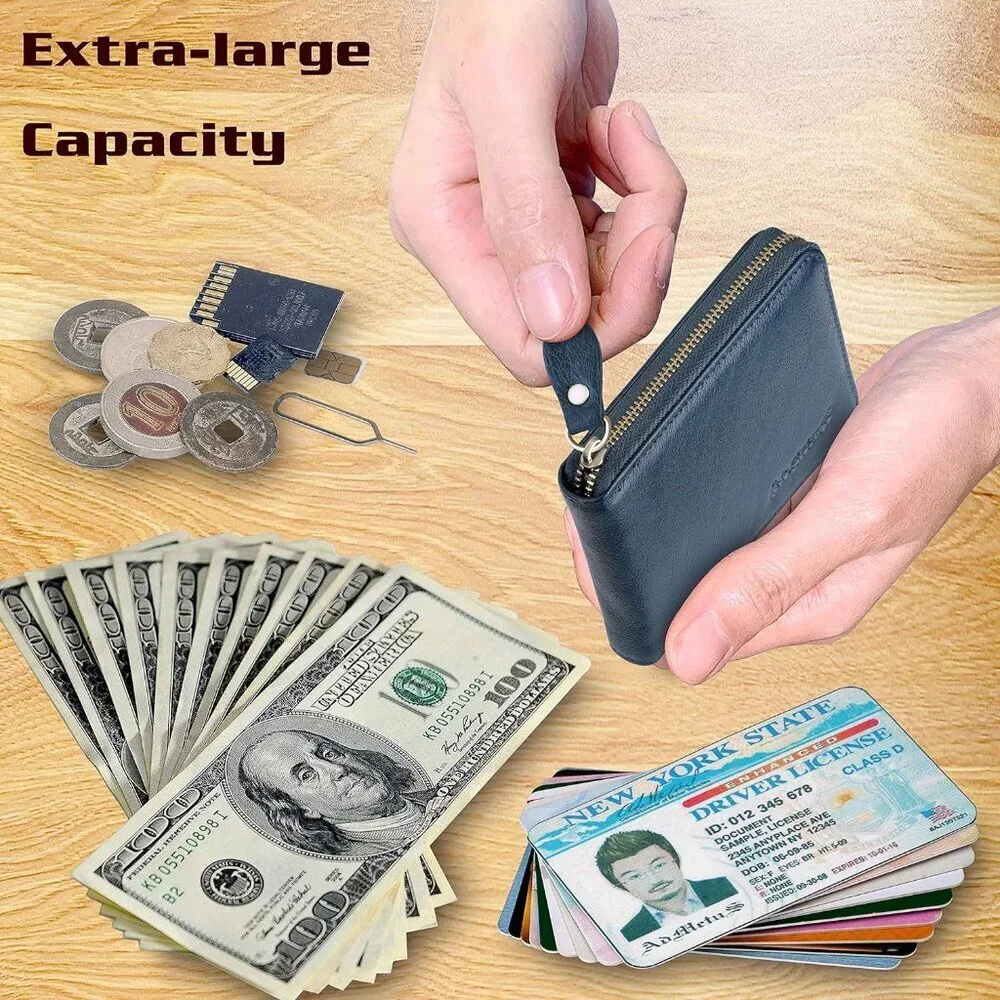 Men's Leather Navy Blue Bifold Beautiful Small Leather Credit Card Zipper Around
